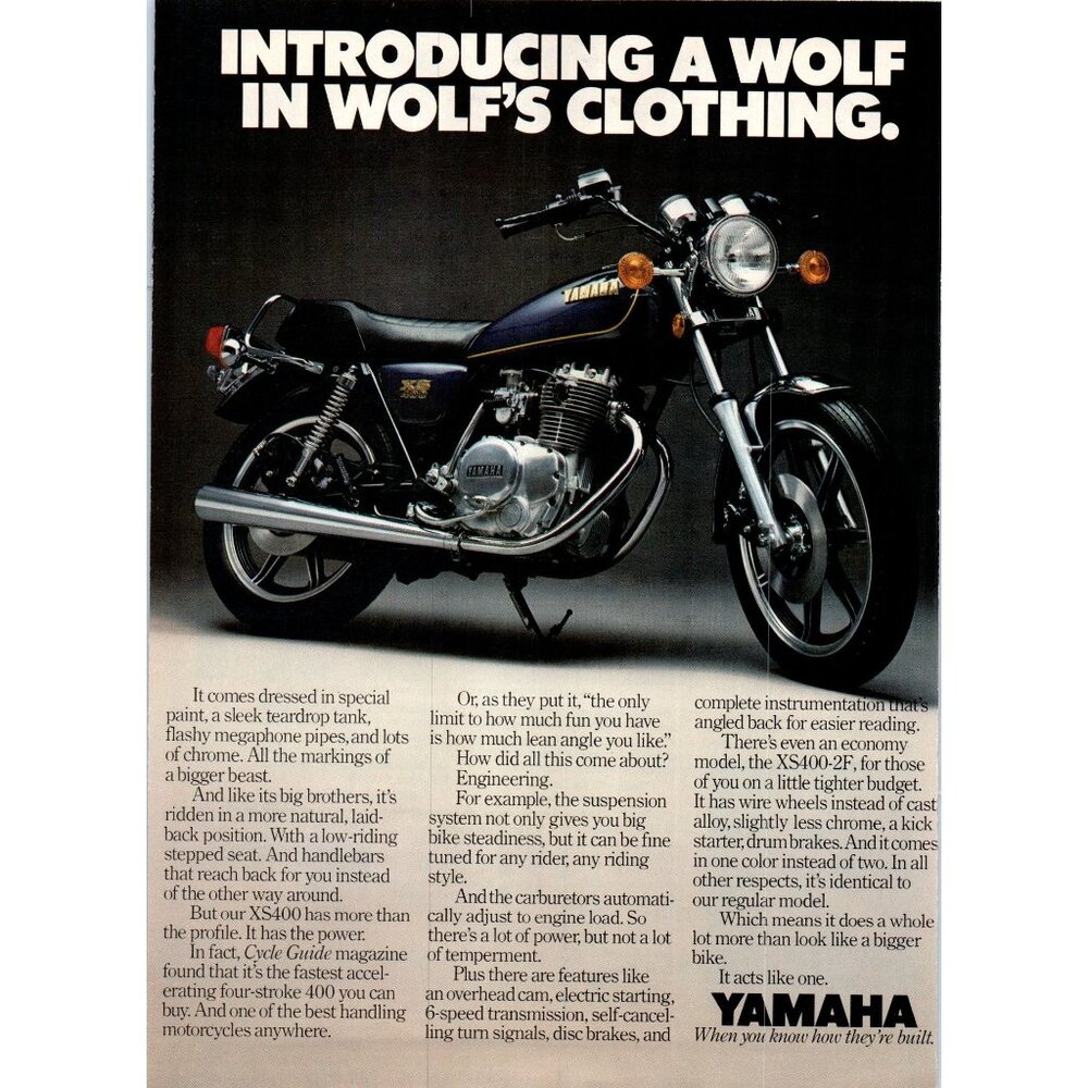 1979 Yamaha XS400-2F Motorcycle Vintage Print Ad Wolf's Clothing 70s Wall Art